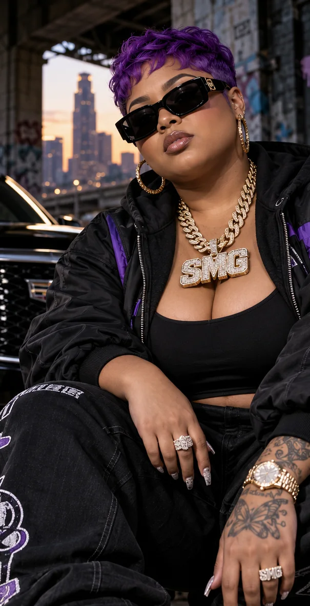 Dreya Roux, SMG Southern hip-hop artist with purple Caesar haircut and gold SMG chain